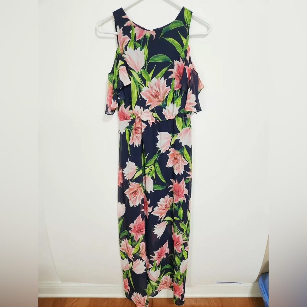 Eliza J Navy Blue Floral Print Cold Shoulder Belted Maxi Dress Sz 4